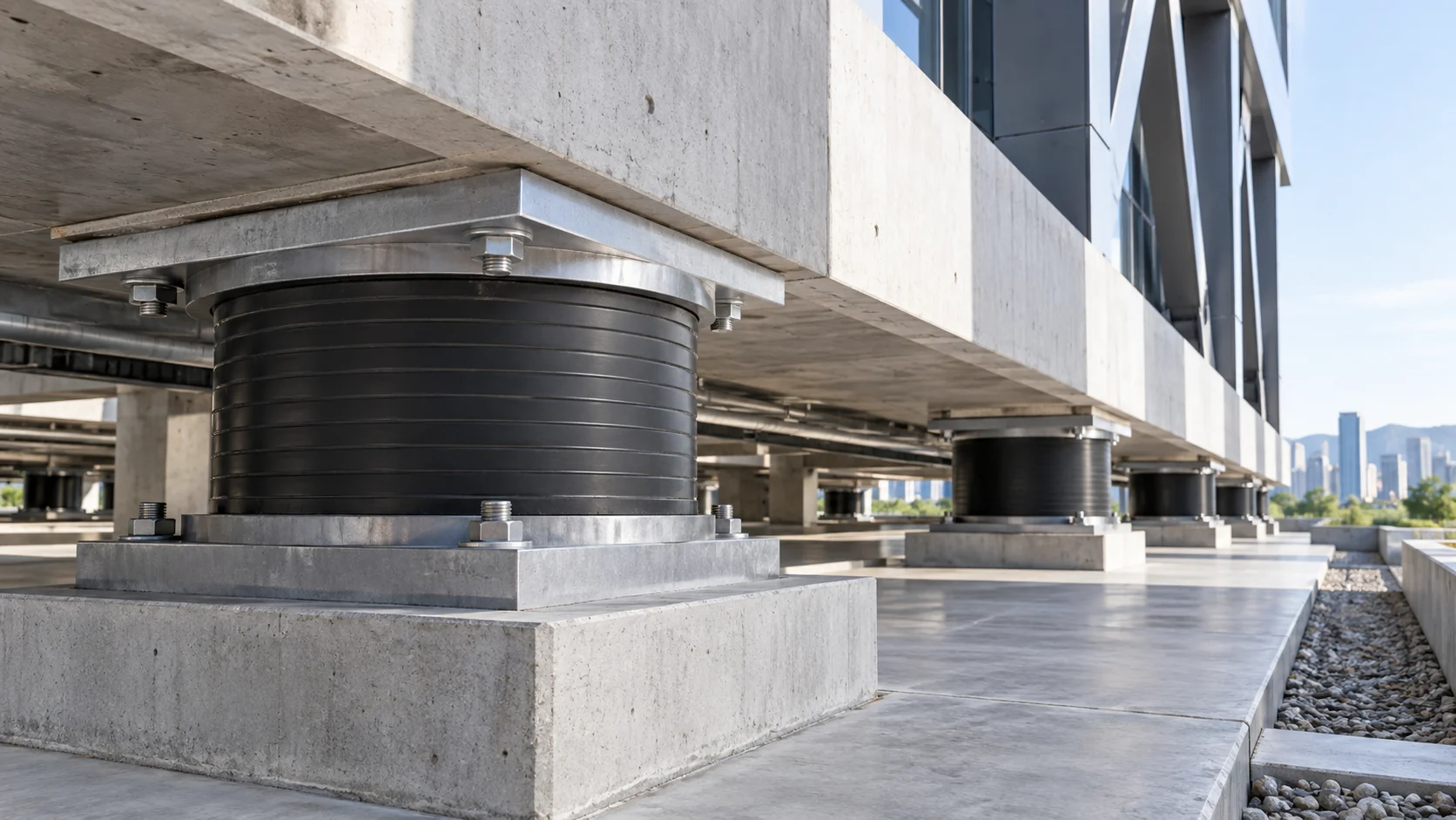 Base isolators support a modern earthquake-resistant building