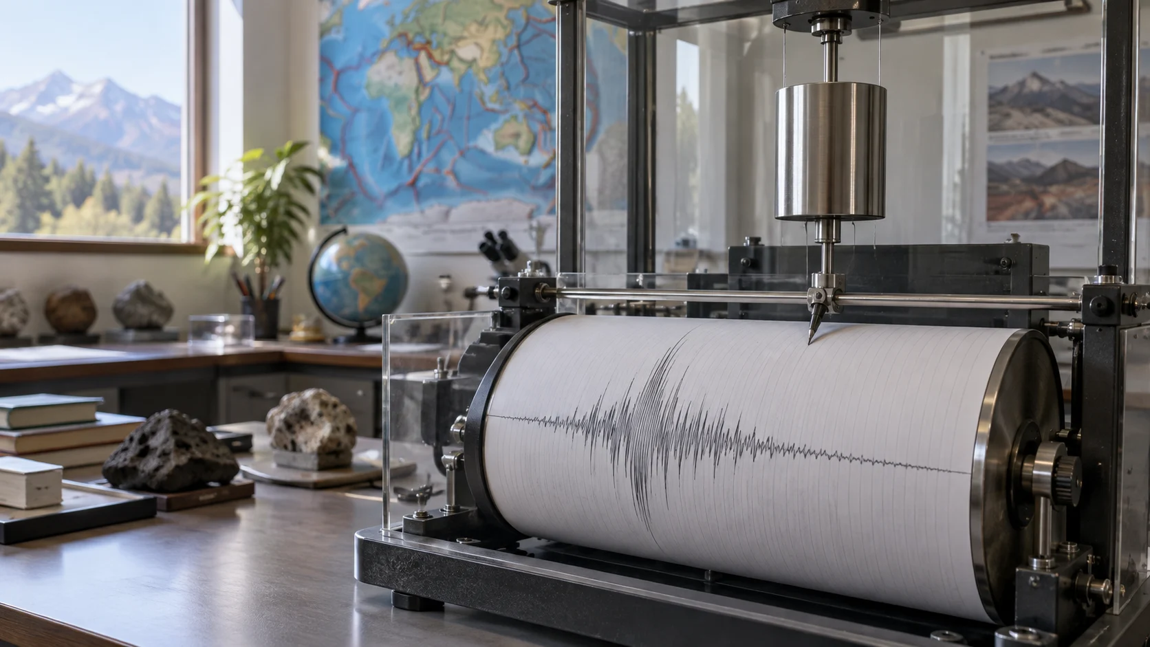 A laboratory seismograph records vibrations on a paper drum