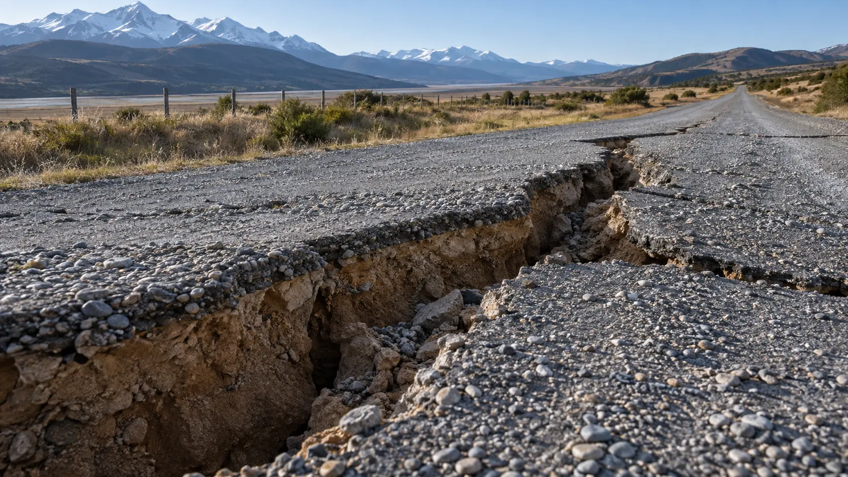 A fresh surface rupture offsets an empty rural road