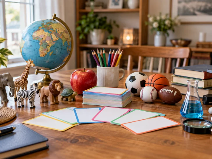 Colorful trivia cards with globe sports science and animal props on a table
