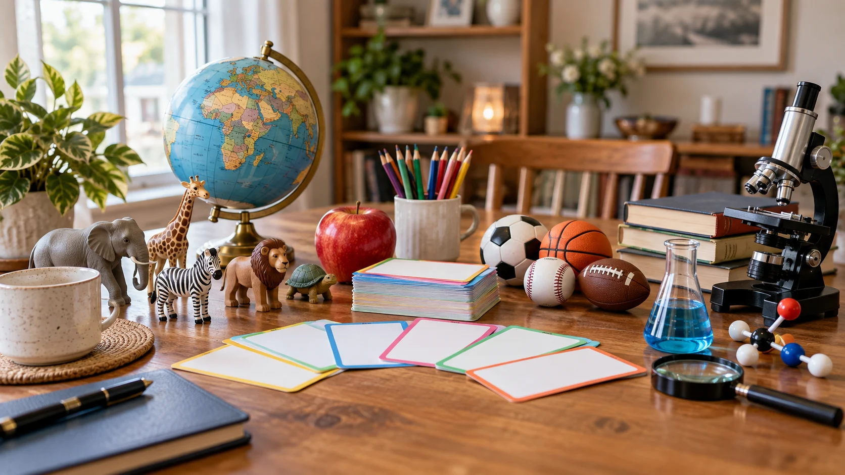 Colorful trivia cards with globe sports science and animal props on a table