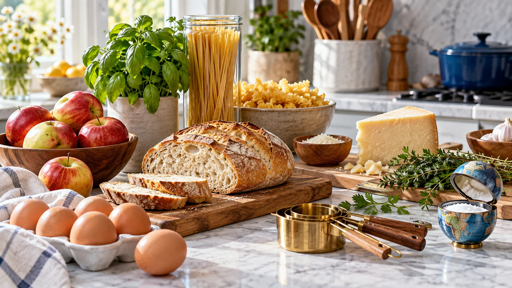 Bread eggs apples pasta cheese and kitchen tools on a bright counter