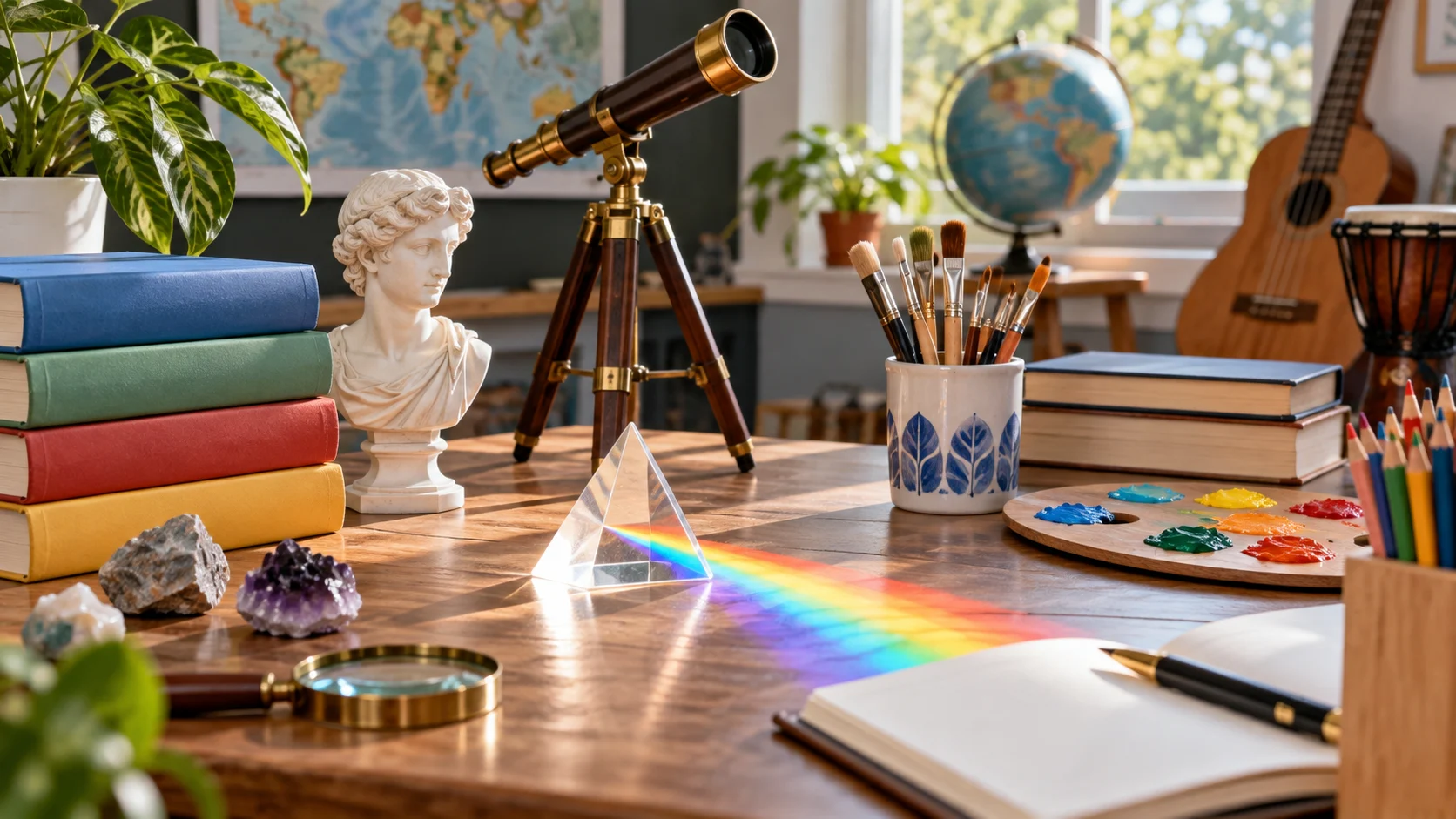 Prism telescope paint palette instruments and books on a learning desk