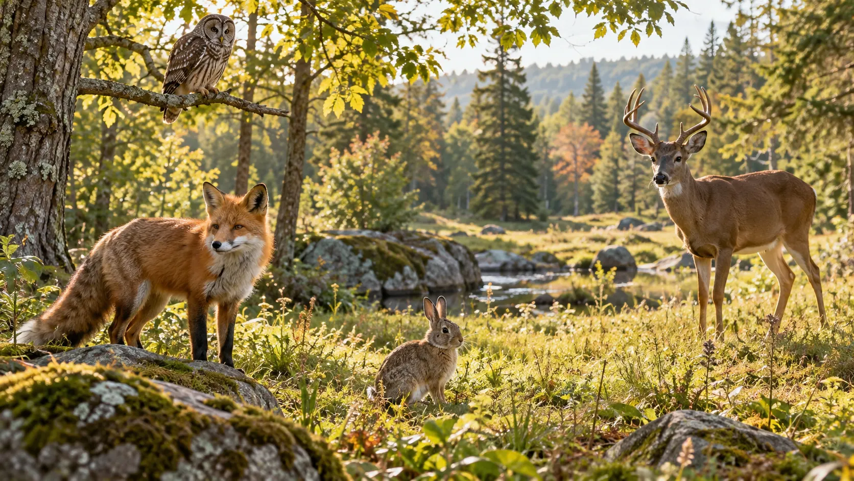 Red fox rabbit owl and deer in a sunlit woodland clearing