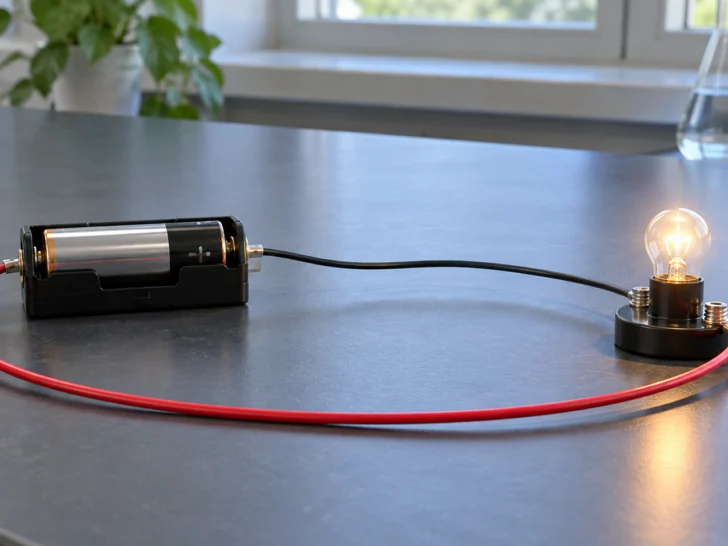 A glowing bulb connected to a battery by a simple closed circuit
