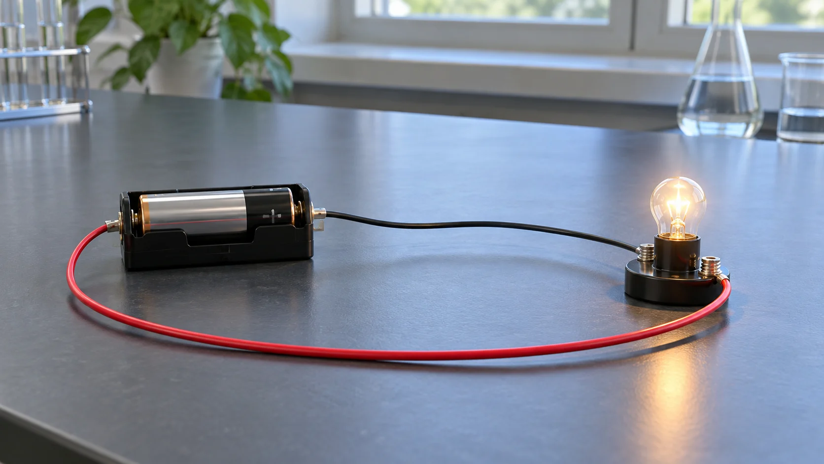 A glowing bulb connected to a battery by a simple closed circuit