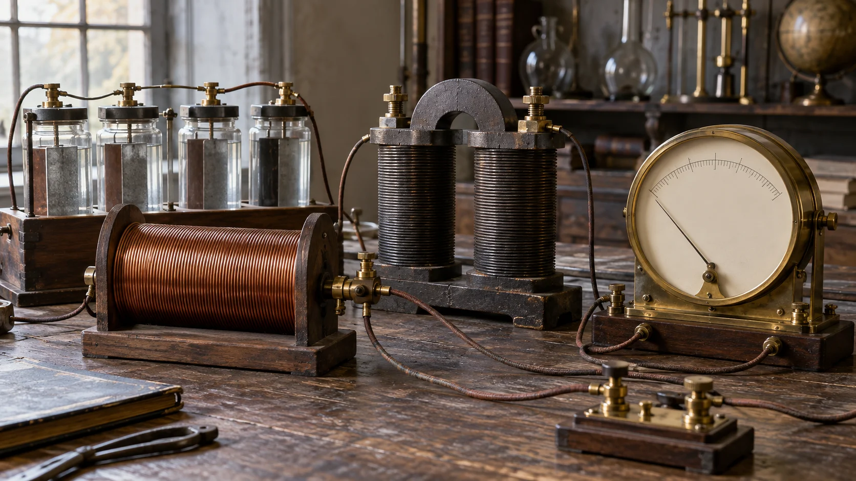 Copper coils batteries and a galvanometer in a historic electricity laboratory