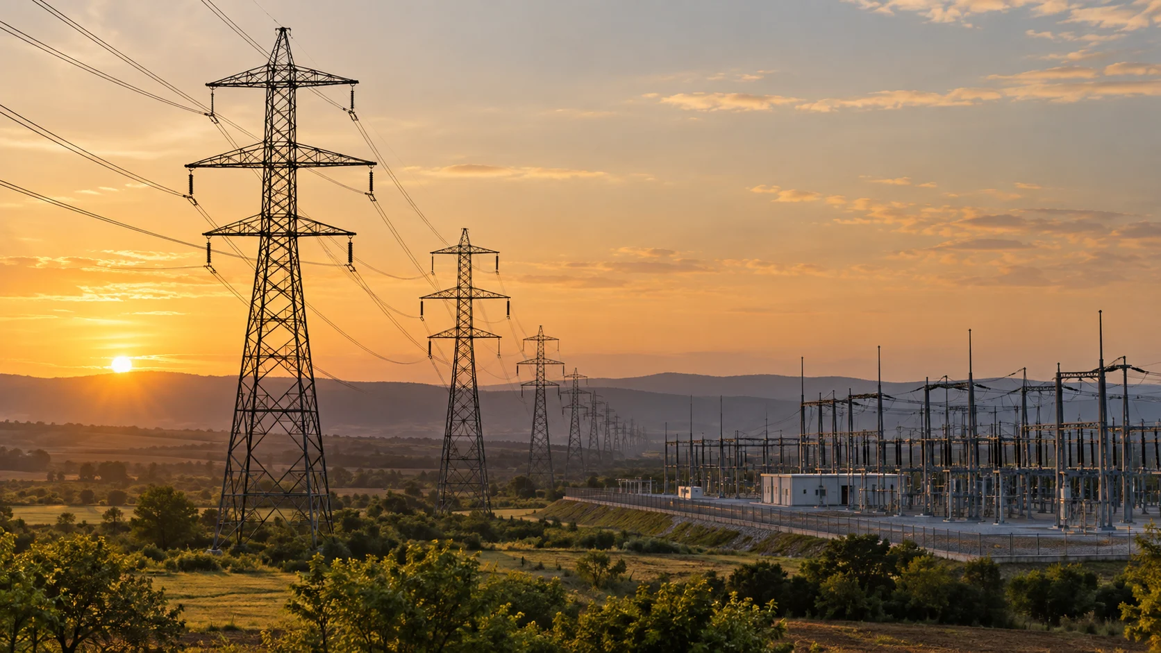 Transmission towers carrying power lines toward an electrical substation