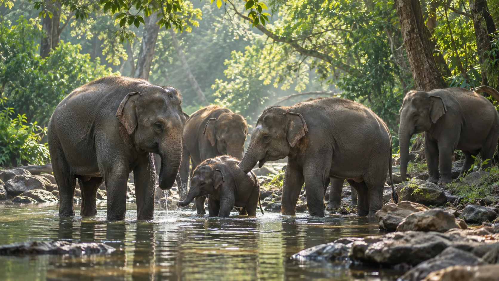 Asian elephant herd with adults and a calf gathered at a forest waterhole