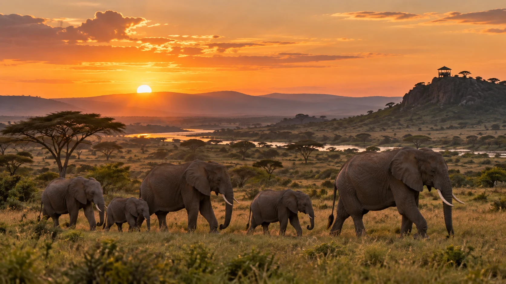 Elephants crossing a protected savanna corridor at sunset