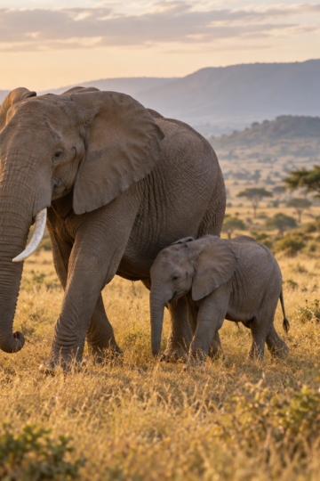 African elephant family walking across a golden savanna with a calf beside an adult