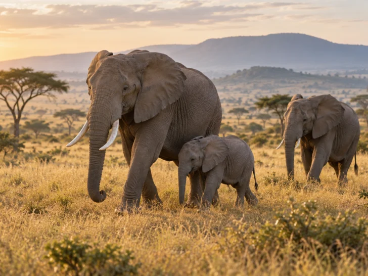 African elephant family walking across a golden savanna with a calf beside an adult