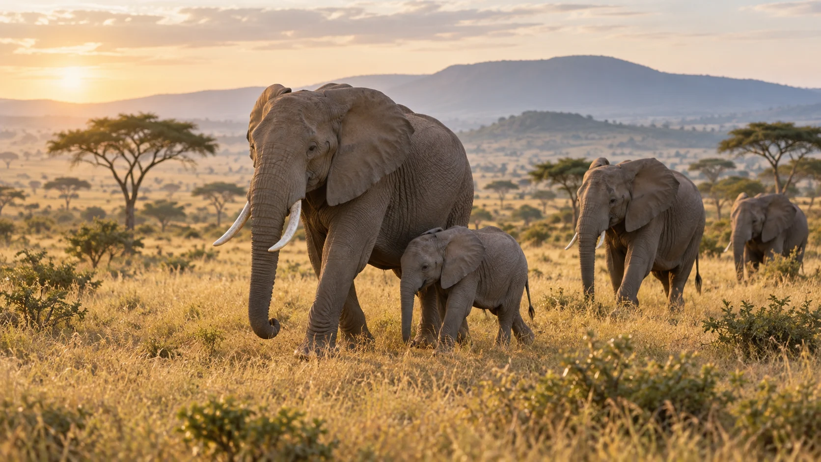 African elephant family walking across a golden savanna with a calf beside an adult