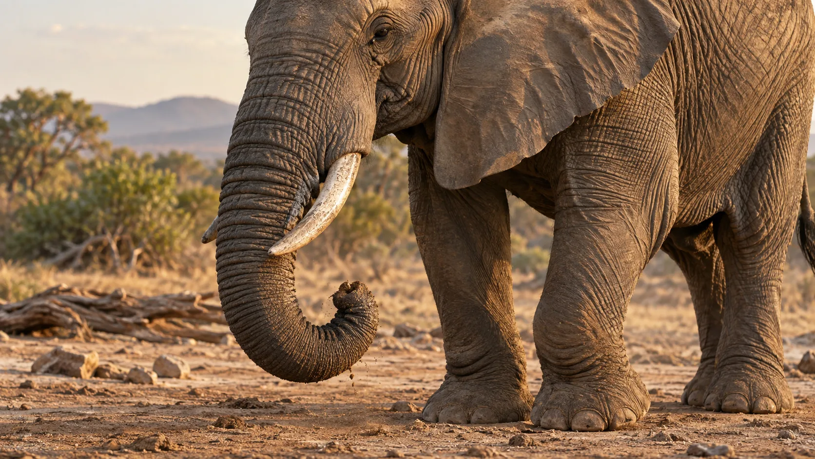Close view of an elephant's curled trunk, tusk, textured ear, and broad feet
