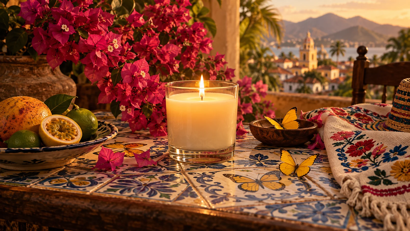 Glowing candle with yellow butterflies on painted Colombian tiles