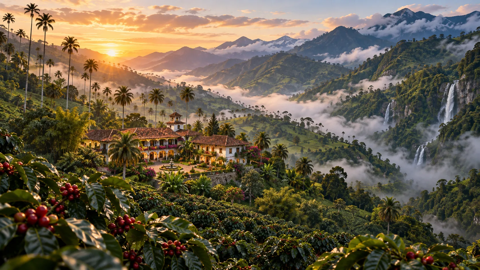 Colorful hacienda surrounded by a lush Colombian mountain valley