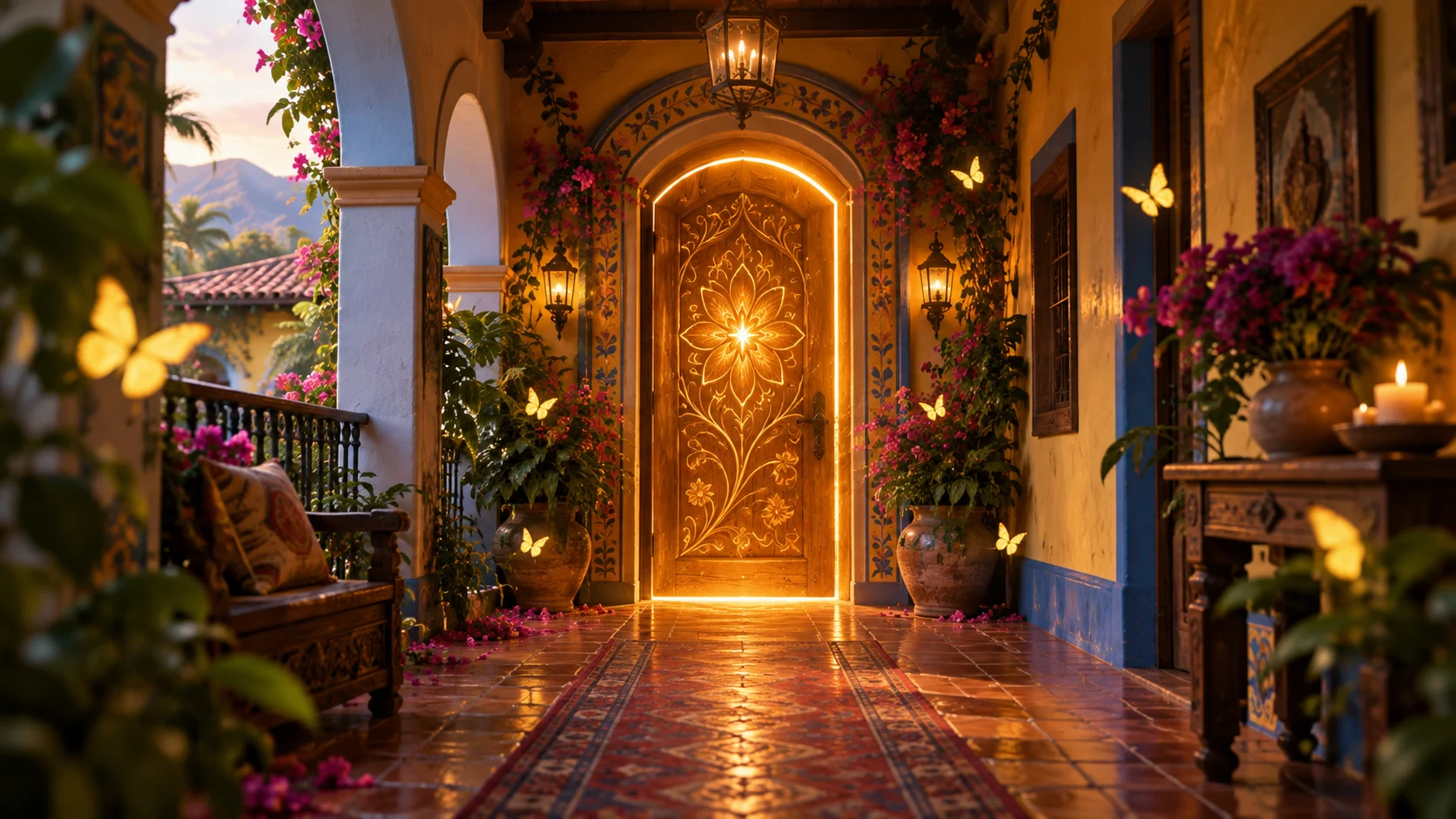 Ornate glowing magical door in a flower-filled hacienda hallway