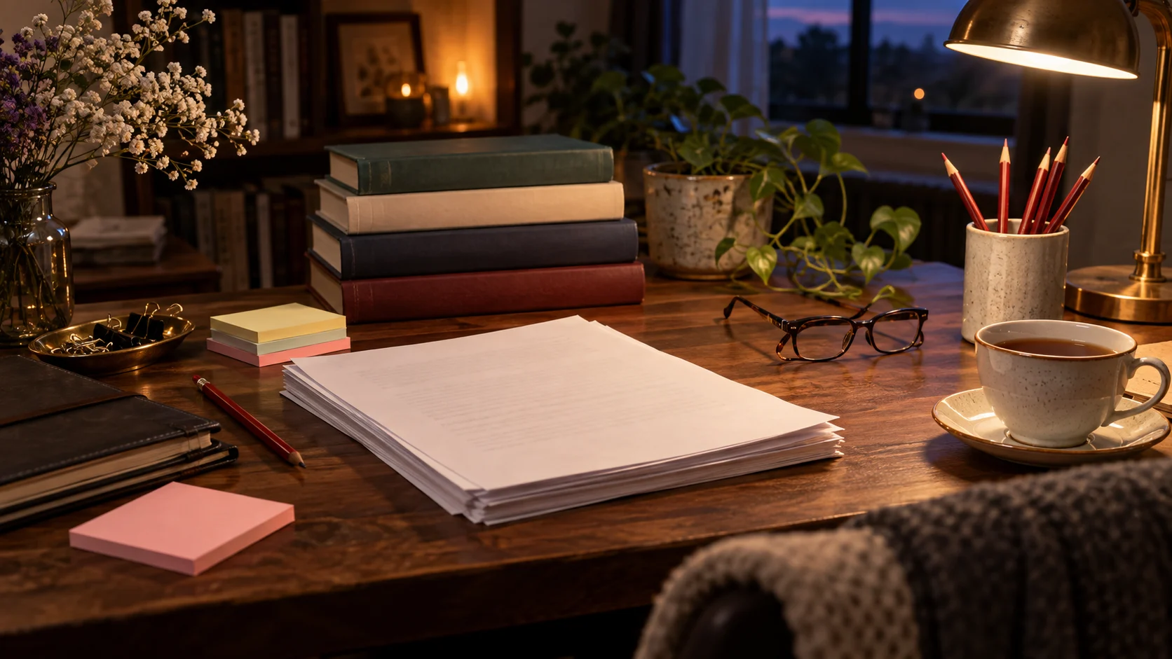 Editor's desk with face-down pages, red pencils, blank notes, glasses, and tea