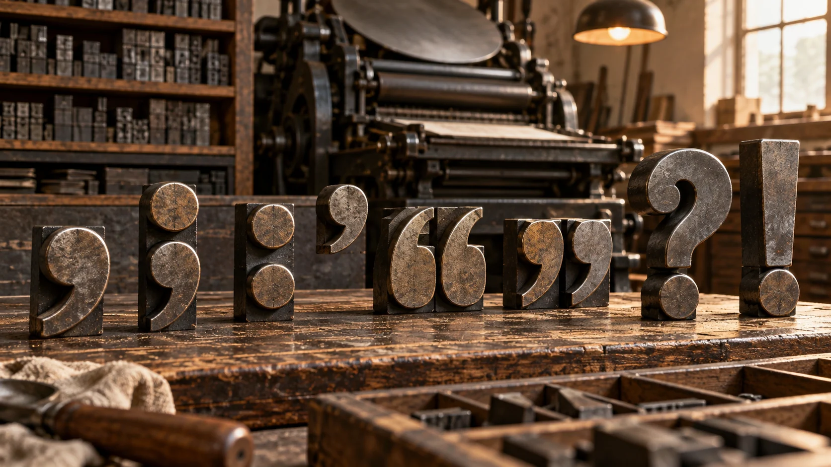Letterpress workshop with metal comma, semicolon, colon, apostrophe, and quotation marks