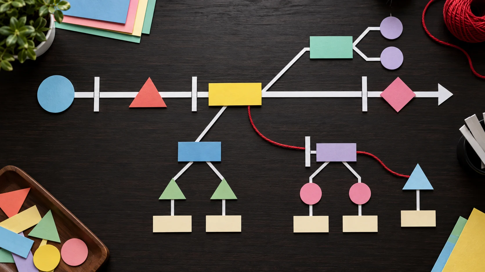 Physical sentence diagram made from blank strips, branches, blocks, and arrows