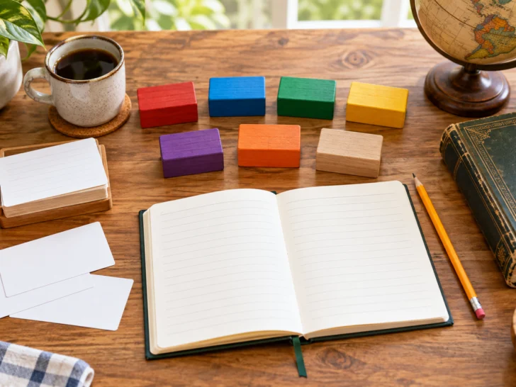 Grammar study desk with colorful category blocks, blank cards, pencils, and notebook