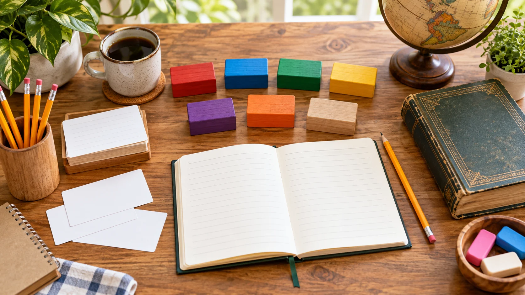 Grammar study desk with colorful category blocks, blank cards, pencils, and notebook