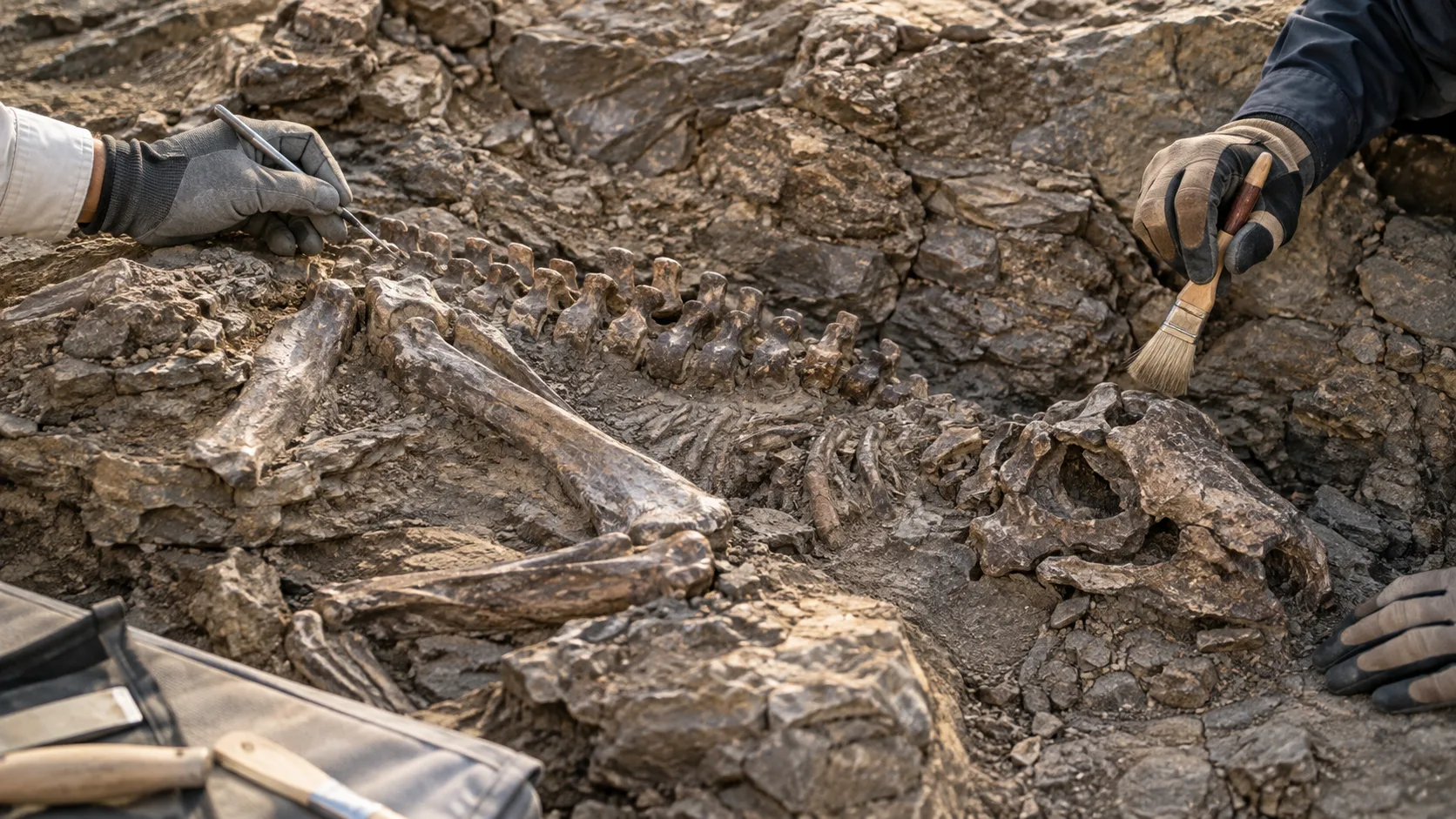 Researchers carefully exposing fossil bones in layered rock