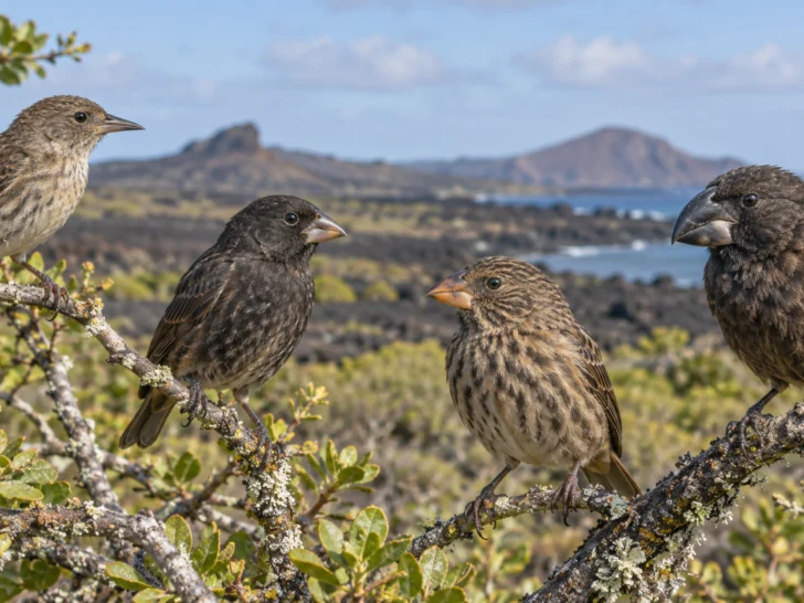 Galapagos finches with varied beak shapes perched in island scrub