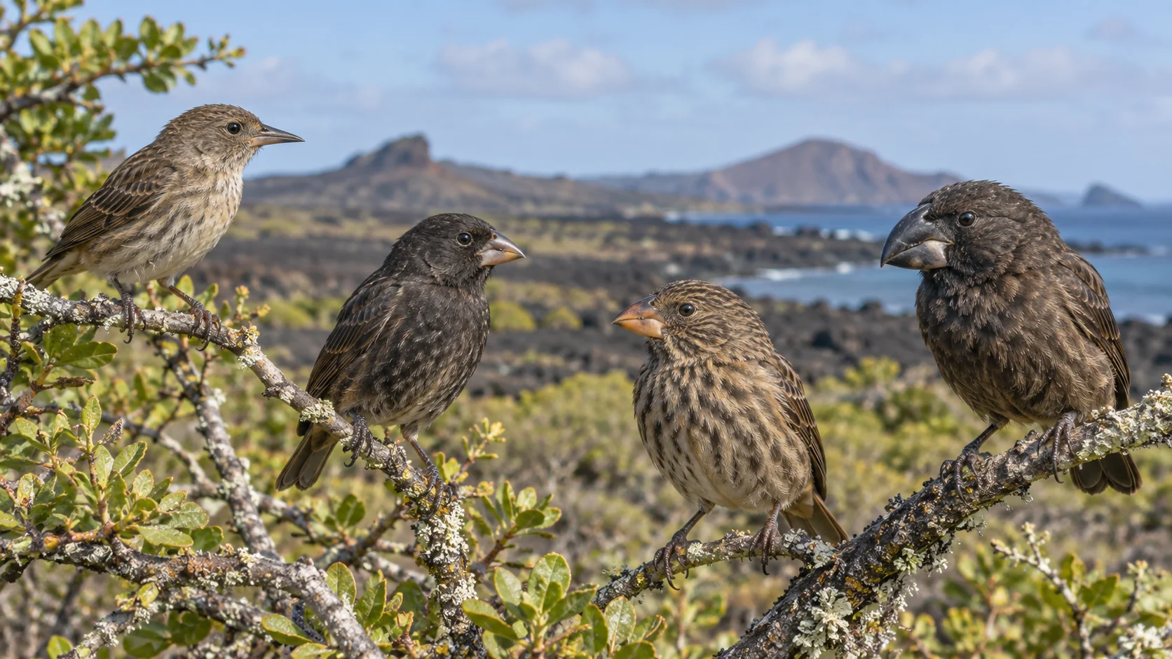 Galapagos finches with varied beak shapes perched in island scrub