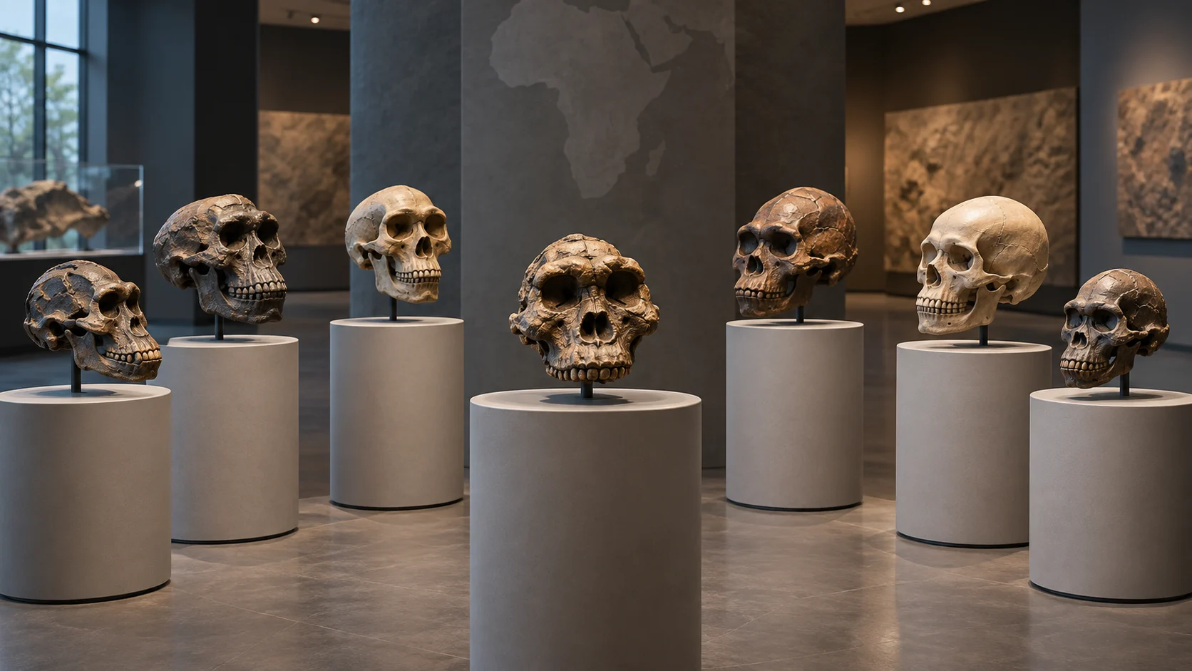 Hominin skull casts arranged in a branching museum display