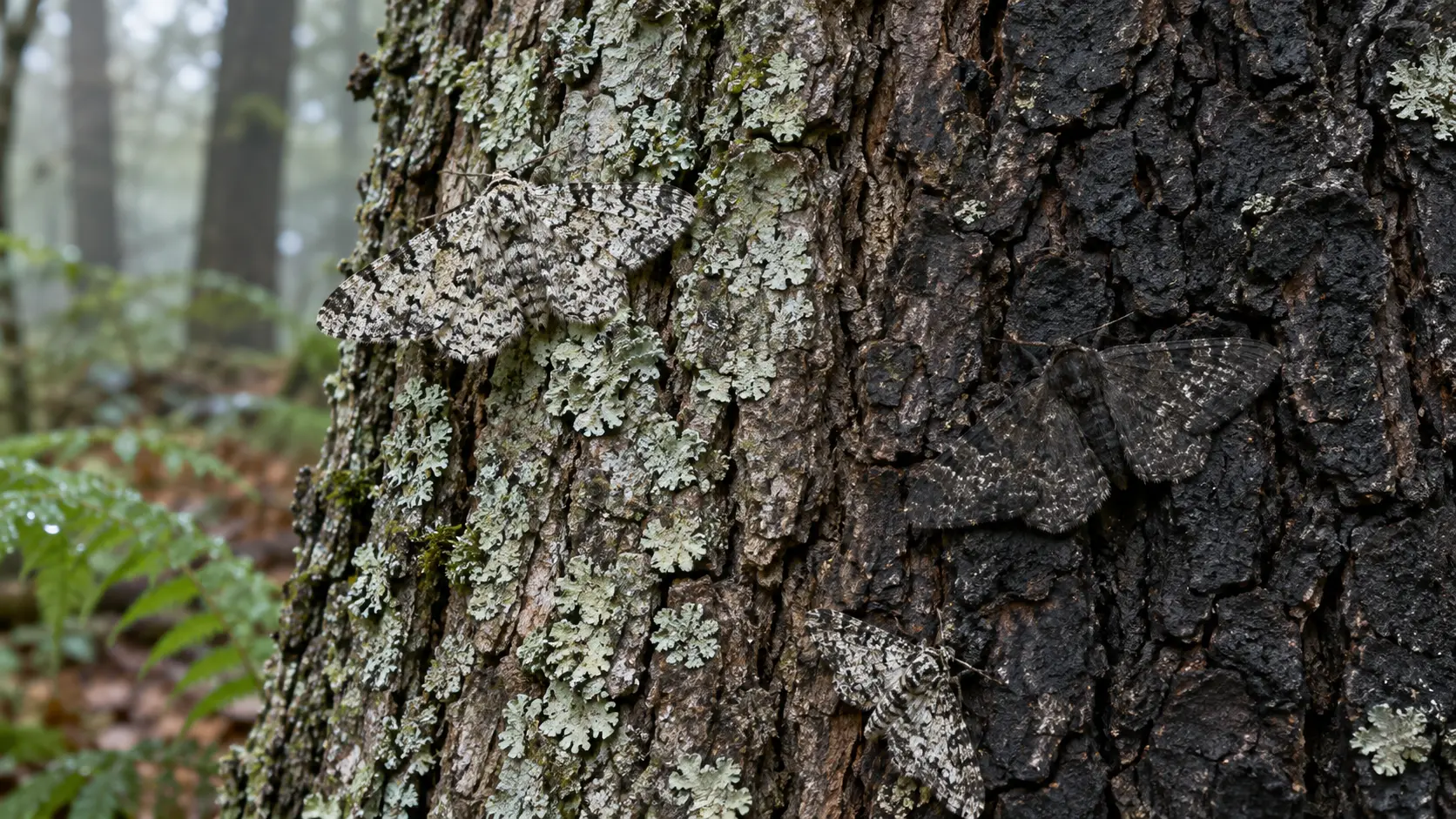 Light and dark peppered moths camouflaged on different tree bark