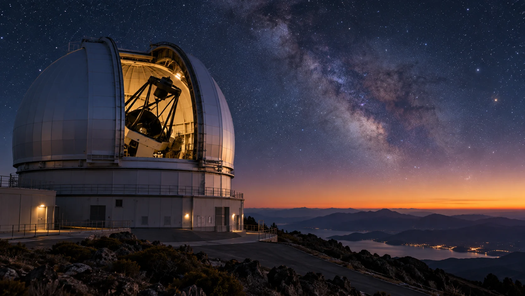 A mountaintop observatory opens its telescope beneath the Milky Way