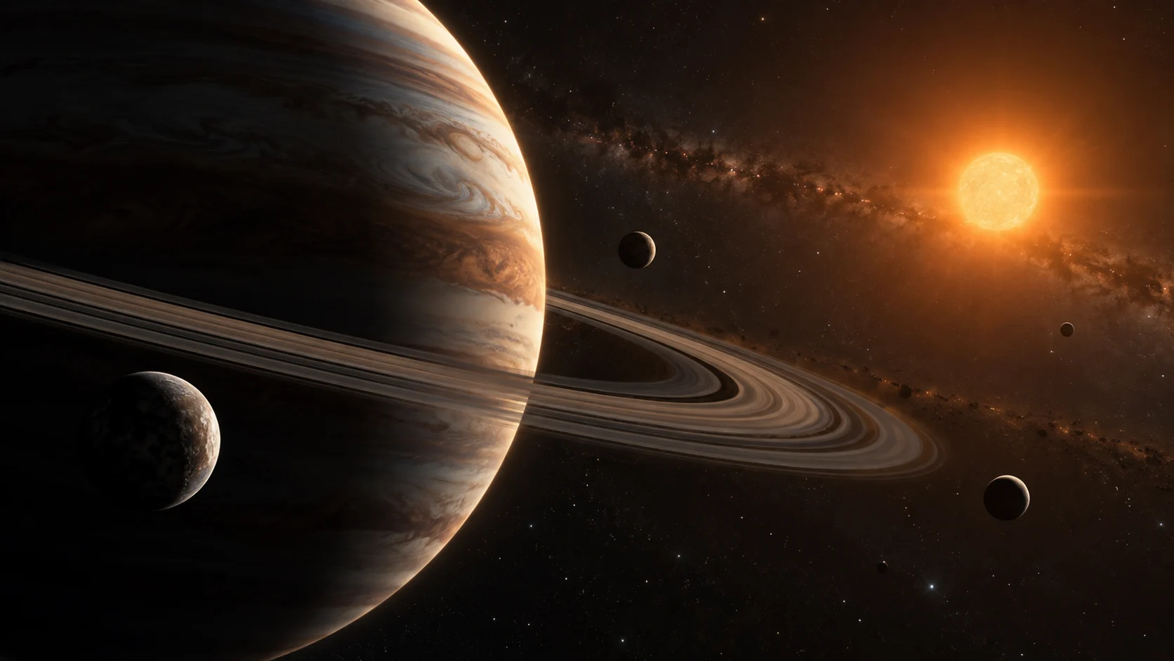 A ringed gas giant and its moons circle an orange star