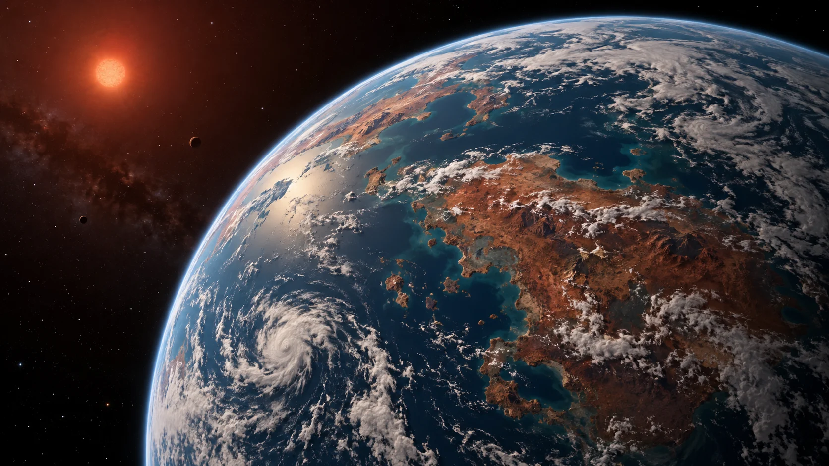 A rocky ocean world orbits within the warm light of a red dwarf