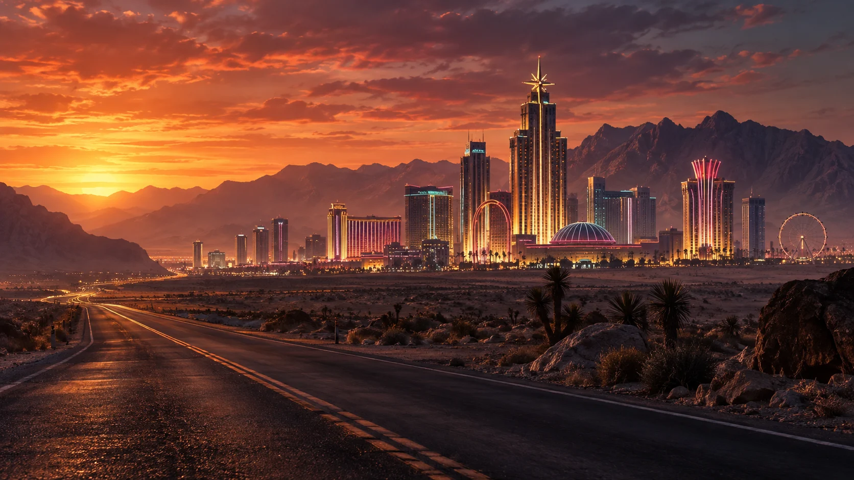 A weathered neon casino skyline rising from a desert at dusk