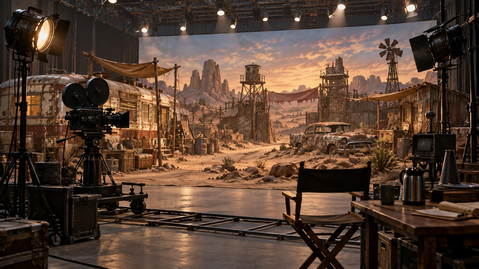 A retro television studio displaying a post-apocalyptic desert set
