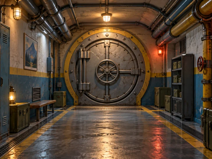 A retro-futuristic underground shelter corridor with a heavy round door