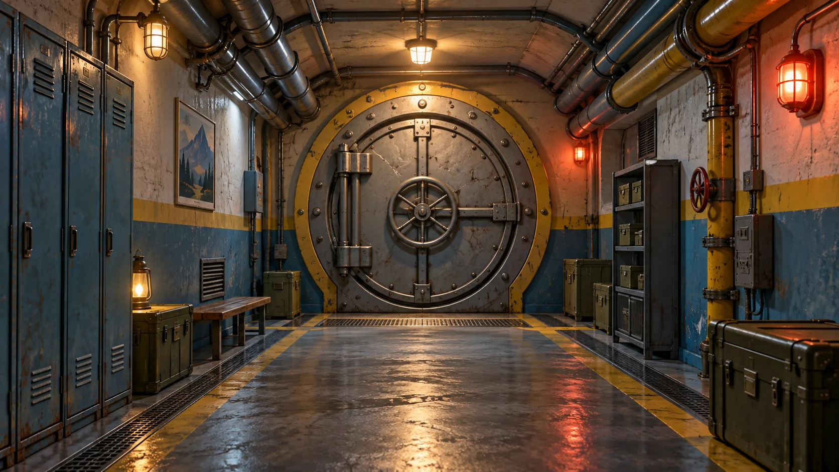 A retro-futuristic underground shelter corridor with a heavy round door