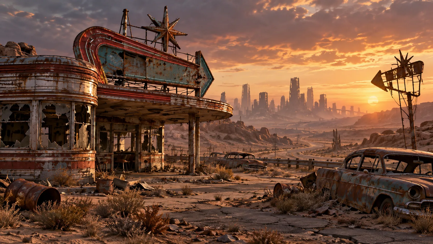 A ruined 1950s roadside diner in a sunlit post-apocalyptic desert