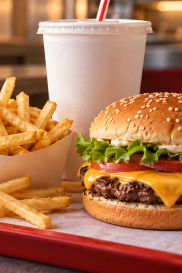 Classic cheeseburger, golden fries, and soft drink on a red tray