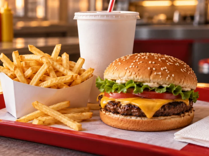 Classic cheeseburger, golden fries, and soft drink on a red tray