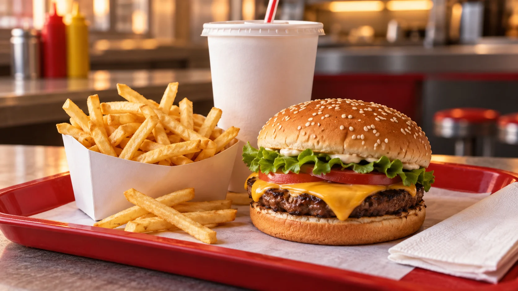 Classic cheeseburger, golden fries, and soft drink on a red tray