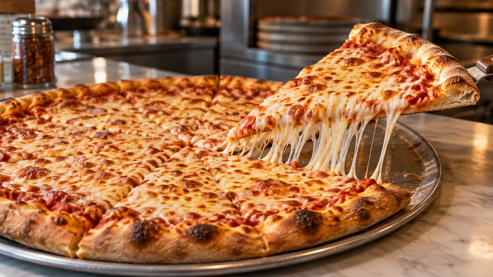 Hot cheese pizza with one stretchy slice lifted from the pan