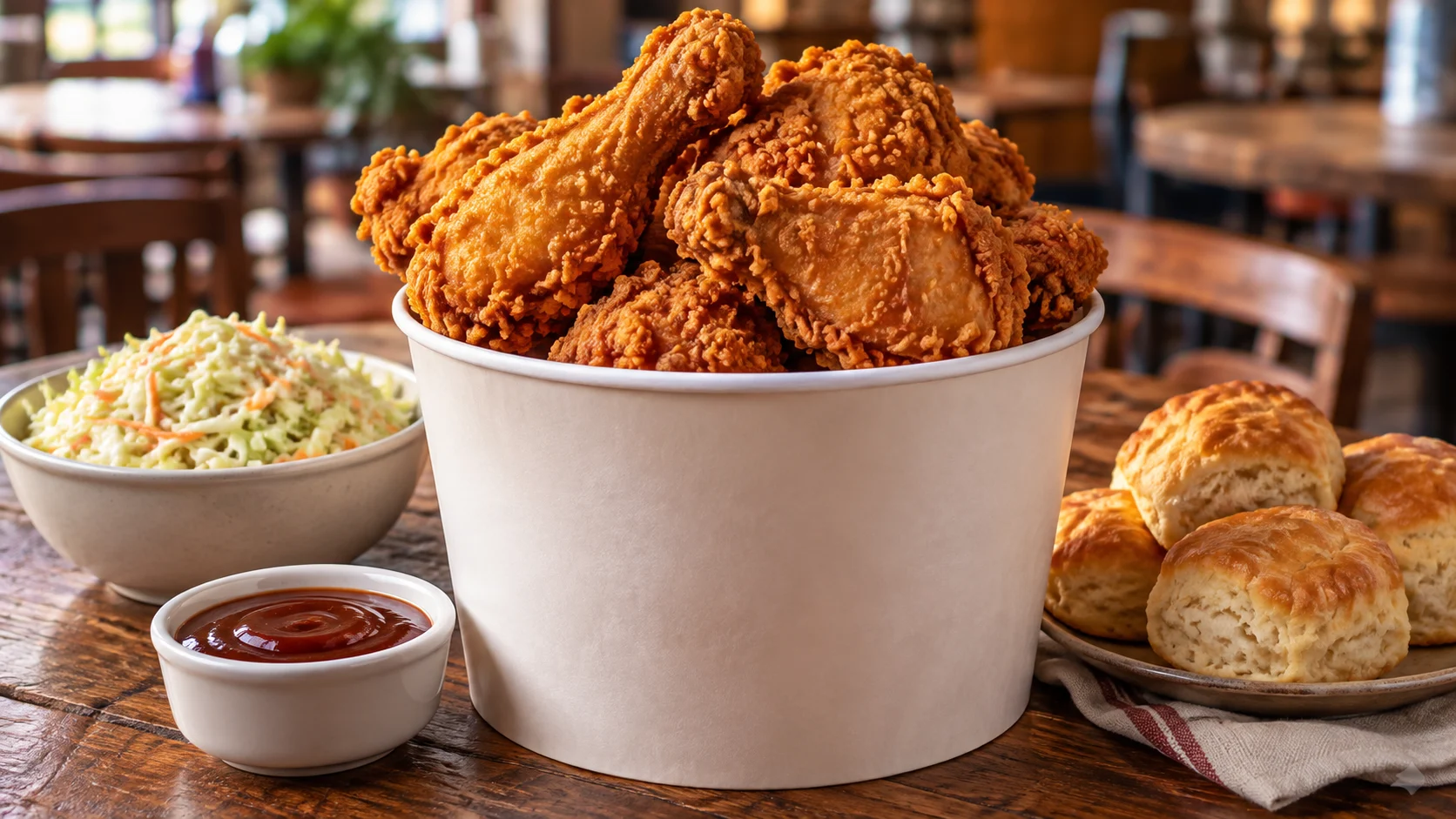 Crispy fried chicken with coleslaw, biscuits, and dipping sauce
