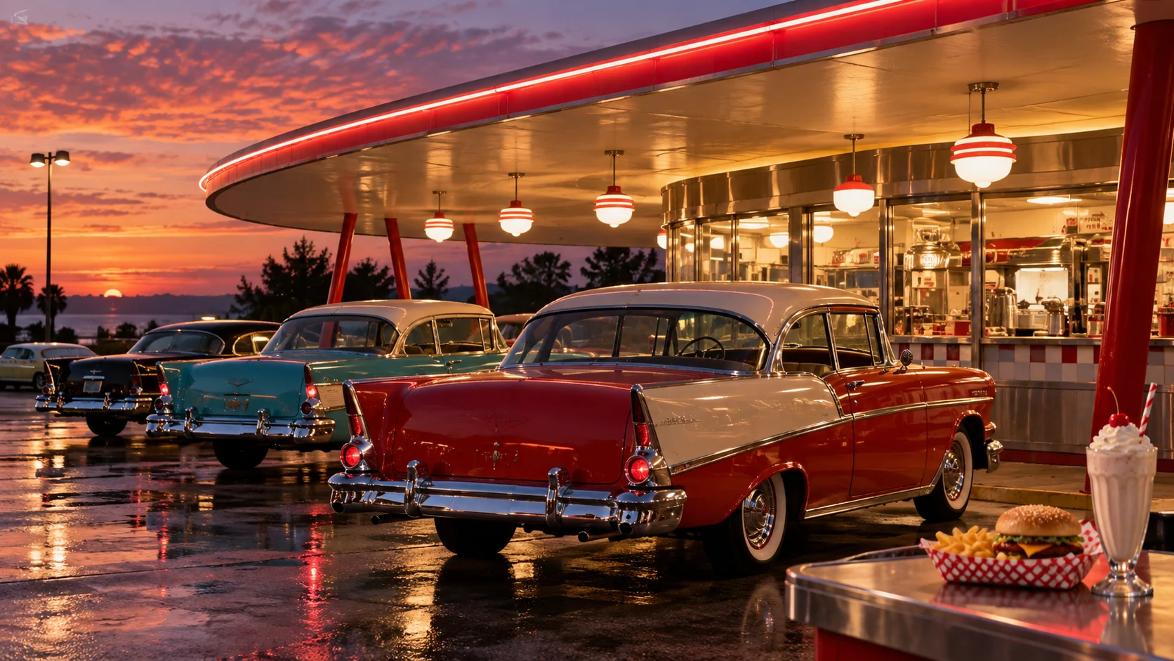 Colorful 1950s-style drive-in restaurant with classic cars at sunset
