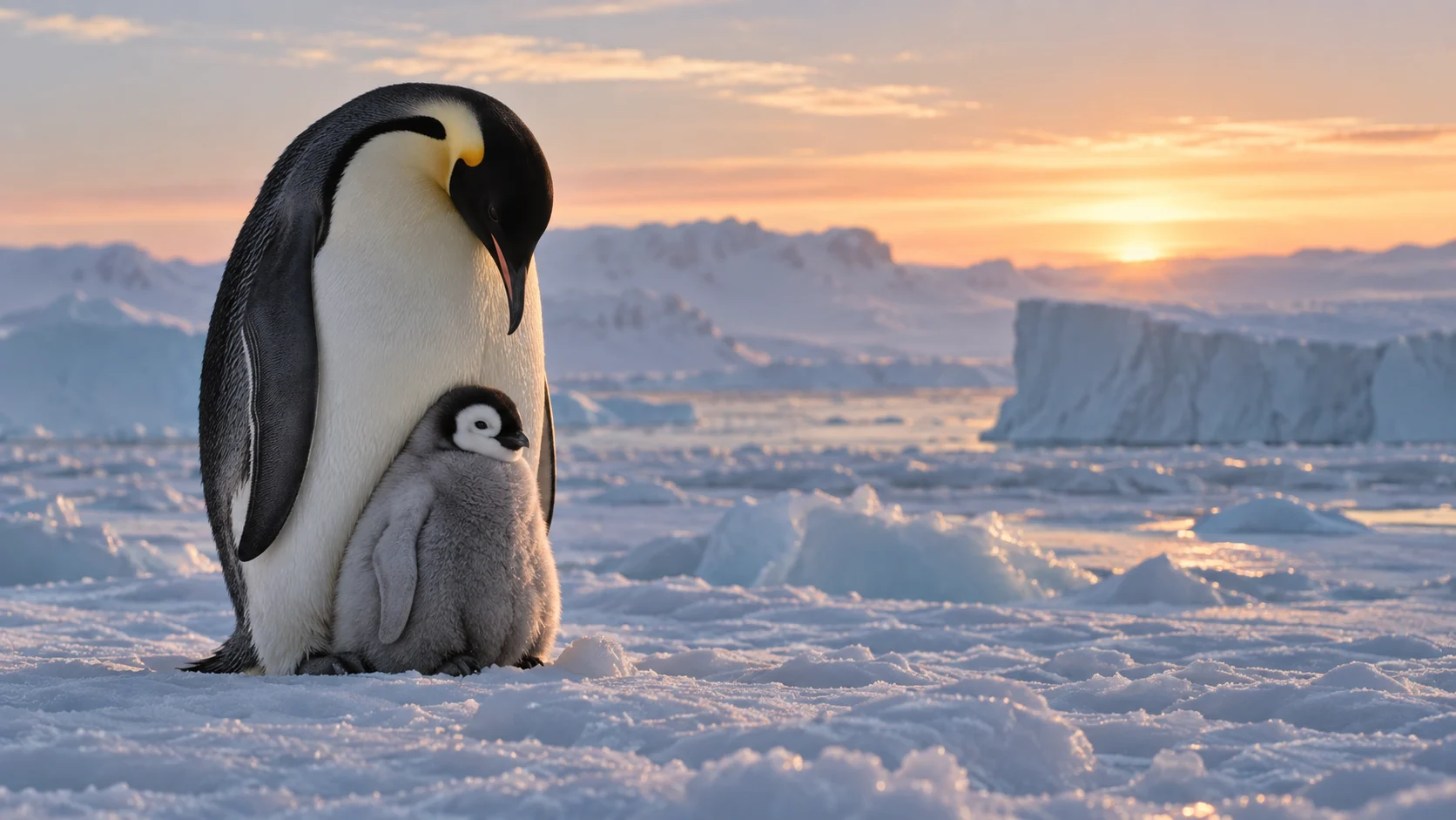 Emperor penguin father sheltering a chick on Antarctic ice