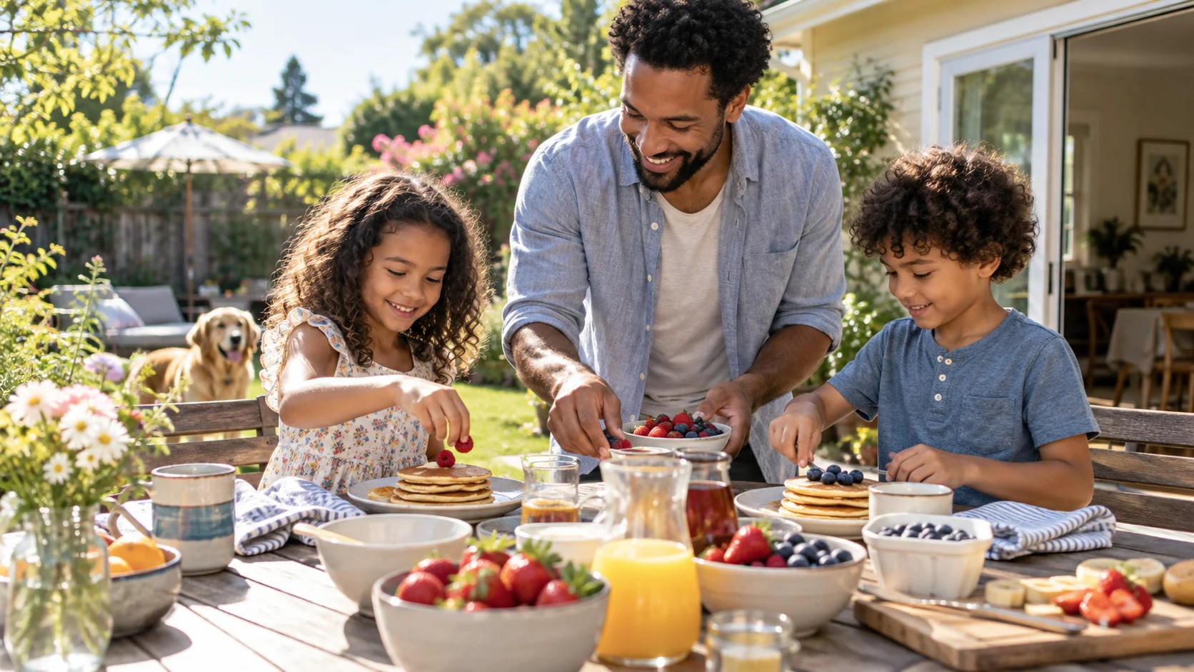 Father and children preparing breakfast together in a sunny backyard