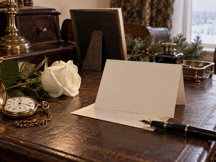 Pocket watch white rose fountain pen and blank card on a vintage desk