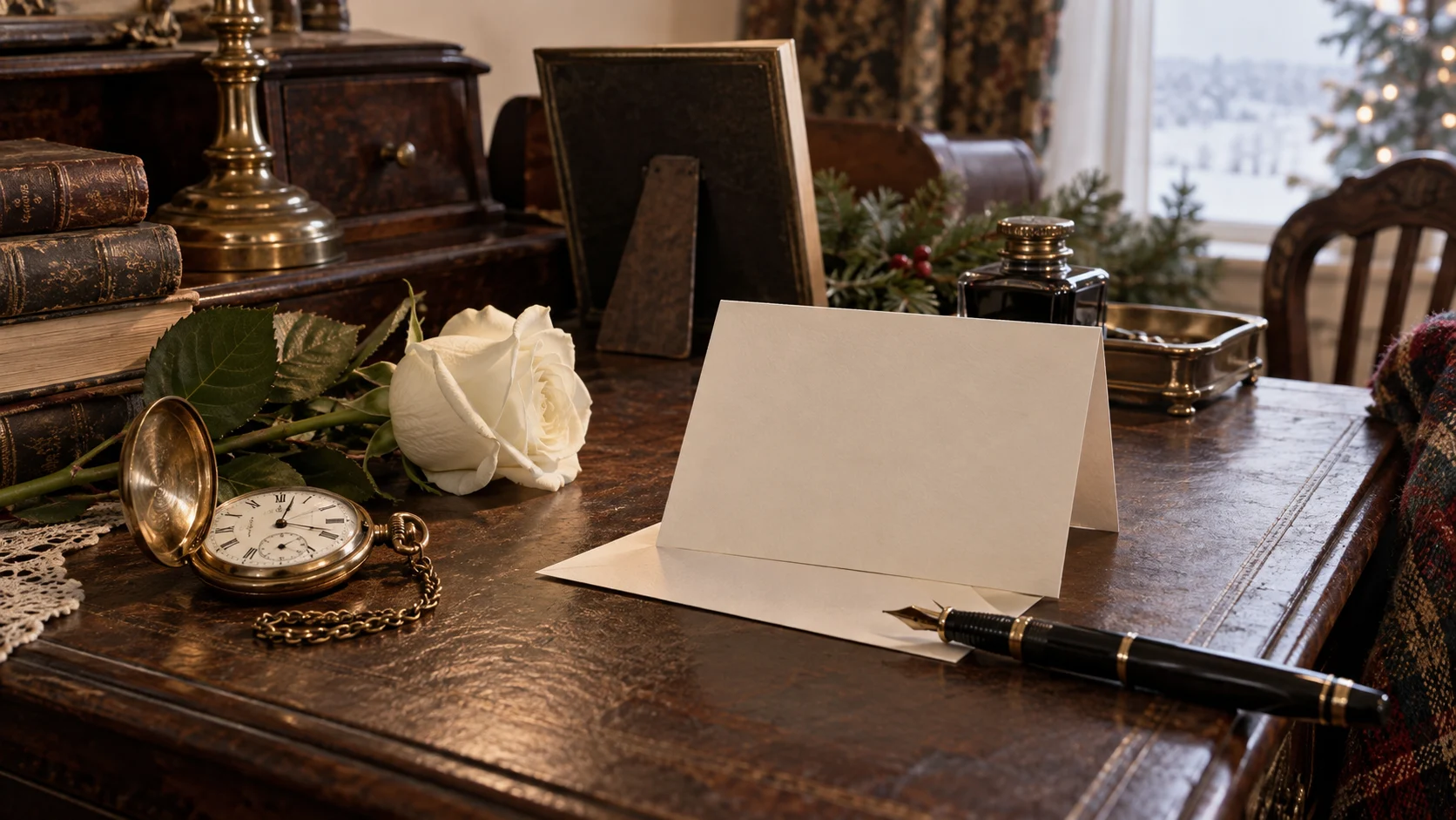 Pocket watch white rose fountain pen and blank card on a vintage desk