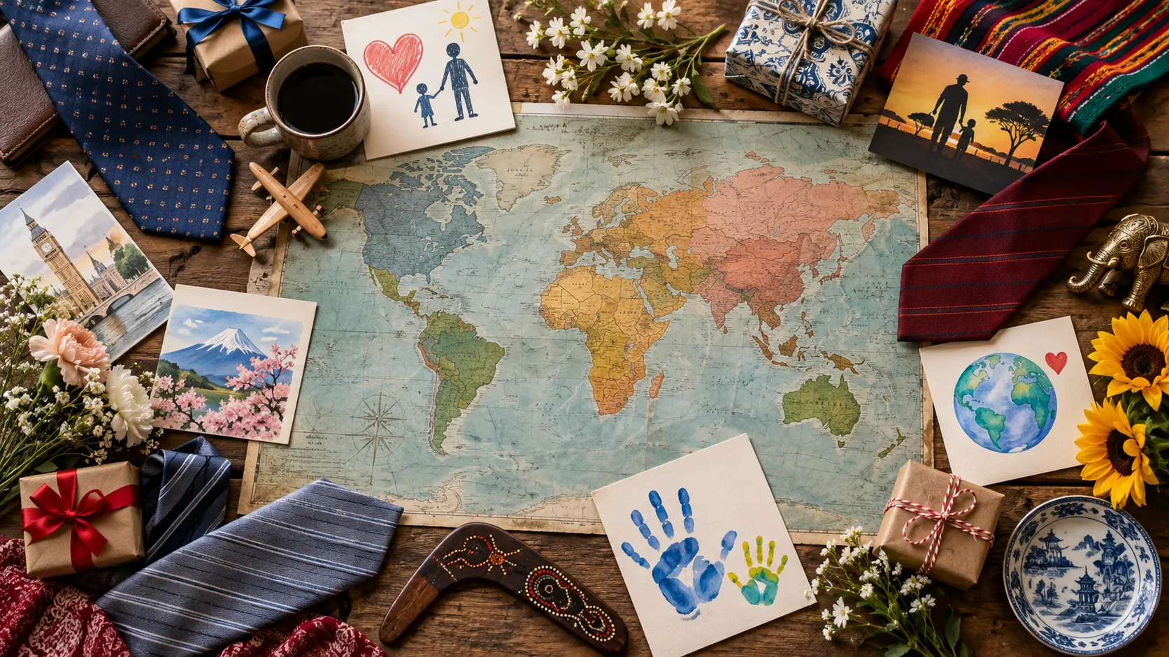 World map surrounded by ties cards flowers and small gifts